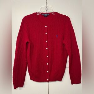 Ralph Lauren Sport Red 100% Lambs Wool Cable Knit Cardigan Size Large